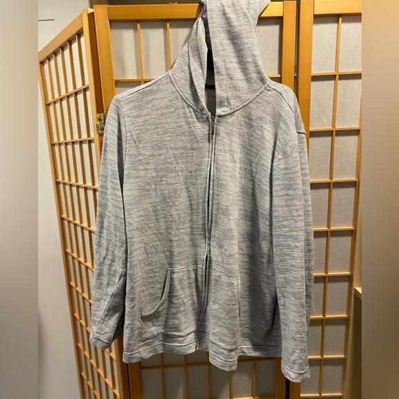 Karen Scott Xl Zip Hoodie Sweatshirt Sport Jacket Activewear Gray Blue Striped - Picture 1 of 3